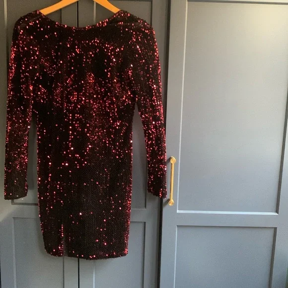 red and black glitter dress Red Sequin Holiday Dress – Prom Gown with Slit & Lace-Up Back main image 0